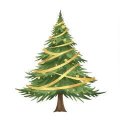 Fototapeta premium Watercolor Green Christmas Tree with Gold Ribbon