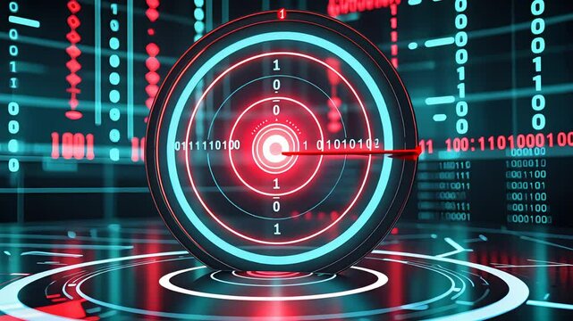 Digital cyber target with binary code and glowing red and blue concentric circles in a futuristic virtual interface and high-tech data grid

