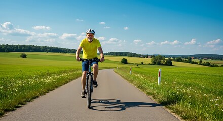 Man Cycling on Road Through Green Field on Sunny Day