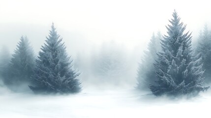 Obraz premium Winter forest scene with fog and evergreen trees