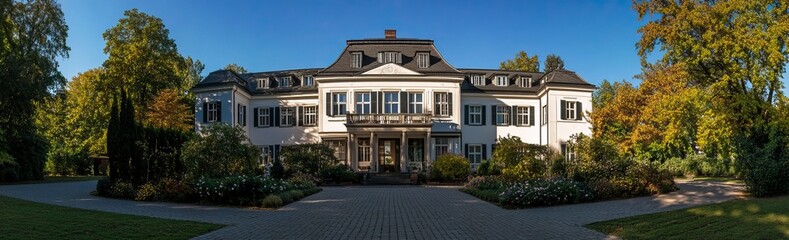 Wide-angle photo of a beautiful family house in Germany. The garden features trees and flowers, and the modern architecture has white walls, a gray roof, and black window frames. generative ai