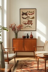 Mid-century modern living room with a framed print and wooden furniture.  A vase of dried flowers and side tables add to the room's aesthetic