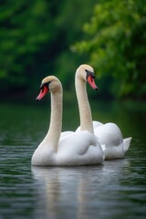 Fototapeta premium Graceful Swan Pair: Serene Water Reflection in Lush Greens