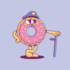 police donut character with hat and baton. strawberry snack mascot guarding security