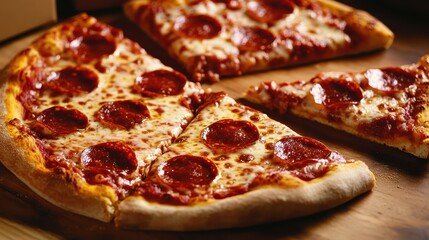 An enticing close-up of pepperoni pizza slices, radiating warmth and flavor, capturing the appealing texture and delicious toppings of a classic favorite.