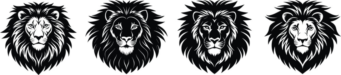 Vector Set of Stylized Lion Head Illustrations in Black and White