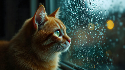 Ginger Cat Gazing Out Rainy Window A Serene Moment