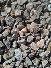 Gray gravel in various sizes is spread across the ground, reflecting sunlight and displaying a...