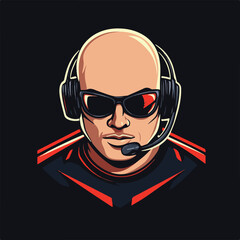 Bald Gamer Avatar With Headset Sunglasses And Esports Jersey For Gaming Channel Or Profile Picture