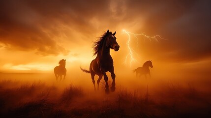 Three horses gallop across a misty field, illuminated by the fiery glow of a sunset and accentuated by dramatic lightning, capturing the raw energy of nature's beauty.