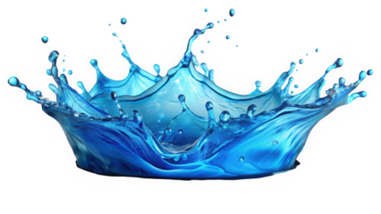 A vibrant splash of blue water, creating dynamic shapes and droplets against a black background, showcasing the beauty and energy of fluid motion.