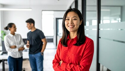 Obraz premium Professional Woman in Red Shirt Smiling at Office with Colleagues Engaged in Conversation and Modern Workspace Background