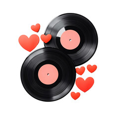Vintage vinyl records surrounded by red hearts, perfect for expressing love for music, nostalgia, and romantic gestures on special occasions.