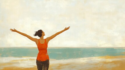 A young Black woman in an orange sports bra smiles while stretching her arms outdoors.