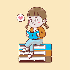 cute girl reading book, dictionary, novel. vector illustration outline. 