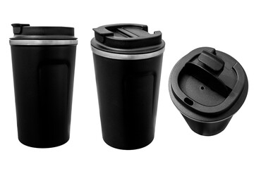 Black thermo cup for tea or coffee on a transparent background. Hot drink thermos mug