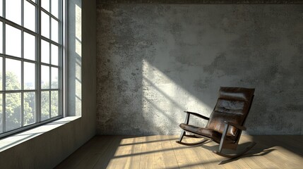 Empty industrial room with rocking chair and large window.