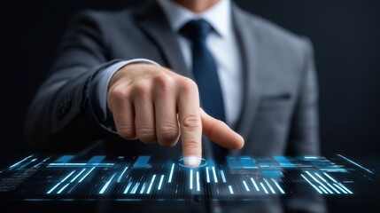 Businessman interacting with a futuristic holographic data interface