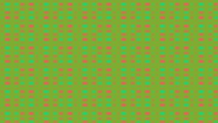 Repeating pattern of small pink and teal squares on a lime green background