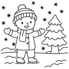 Black and white winter scene with smiling child in warm clothes near a snowy pine tree, perfect for holiday or seasonal coloring pages for kids
