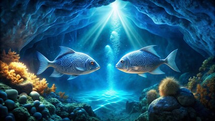 Enchanted Underwater Cave with Ornate Fish Facing Each Other in a Serene Aquatic Setting
