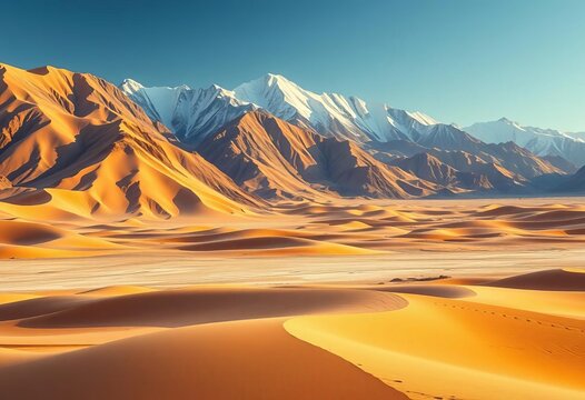 Vast desert landscape, towering sand dunes meet snow-capped mountains, background, illustration - Powered by Adobe