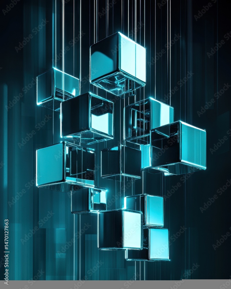 Poster abstract digital art composition featuring floating reflective teal cubes illuminated against a dark