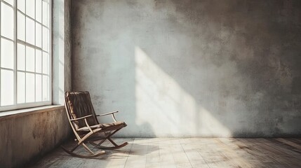 Rustic rocking chair in a sunlit empty room.
