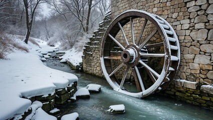 Old mill wheel frozen beside snowy stream and cracked stone foundation