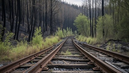 Fototapeta premium Old railway track curves through burnt forest with hints of new green growth