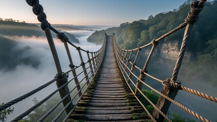Obraz premium Old rope bridge sways slightly above ravine filled with morning mist