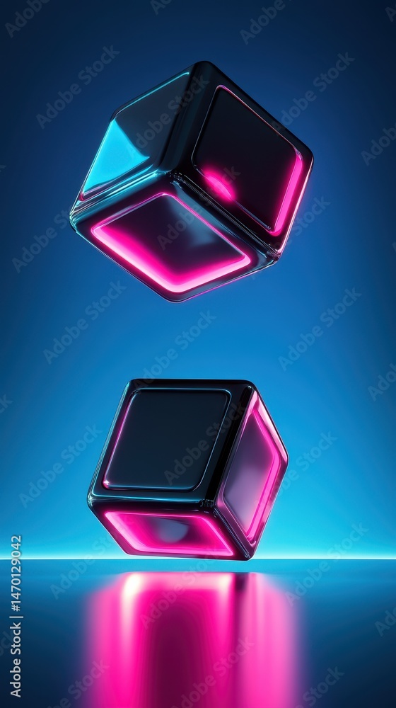 Poster abstract neon shapes floating against a blue background illuminated with pink and cyan light reflect