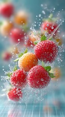 Neural Fruitwave Splash created in hyperrealistic photography, freeze frame of berries mid-splash with digitally overlaid data gridlines