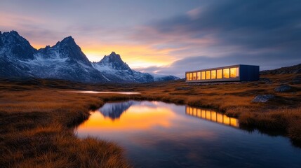 An elegant cabin nestled near a serene mountain stream, reflecting breathtaking hues of a sunset against rugged mountain peaks, portraying peace and modern living in nature.
