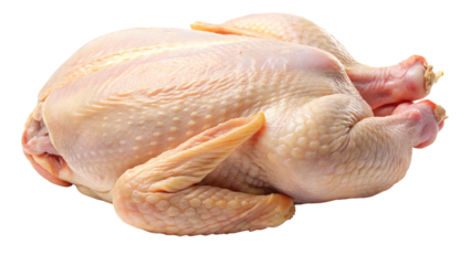 Whole raw chicken, ready for roasting, isolated against a stark black backdrop