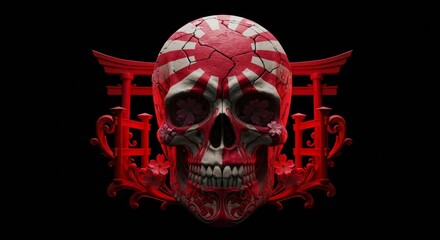 Stylized skull with Japanese flag design and ornate torii gate elements