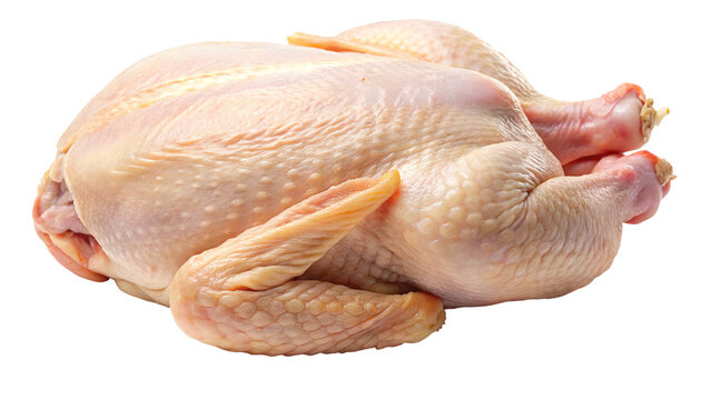 Whole raw chicken, ready for roasting, isolated against a stark black backdrop