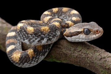 Fototapeta premium Striped Pit Viper: A Dramatic Close-up on Wood