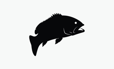 bass fish silhouette, big fish outline, bold fish profile, freshwater fish vector, black white bass, spiny fin shape, side view bass