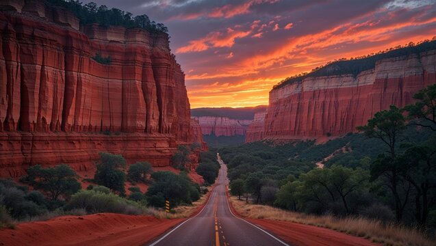Red cliffs glow at sunset above forest canopy and long winding road - Powered by Adobe