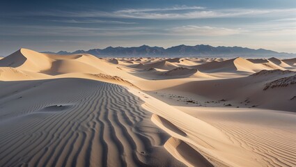 Sand dunes sculpted by wind stretch toward distant mountain silhouettes