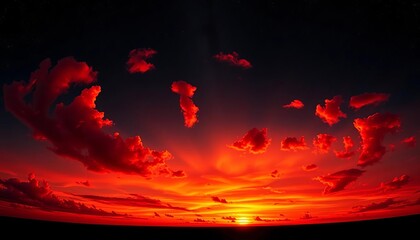 Vast panorama of fiery sunset, red clouds, and a bright star against a dark, starry night sky, orange, sunset