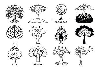Fantasy Nature Vector Illustration of an Abstract Line Art Tree with Nature Symbols and a Glistening