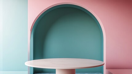 Pastel arch backdrop with round table.