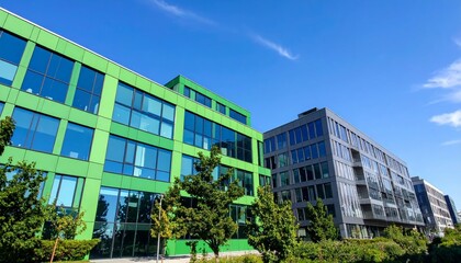 Fototapeta premium Modern Urban Buildings with Green Facades and Clear Blue Sky Captured in Daylight