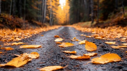 A close-up view of a dirt path in a serene autumn forest, blanketed with vibrant orange leaves, illustrates the beauty and transitional nature of the fall season.