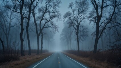 Fototapeta premium Thick fog cloaks road between bare poplar trees in eerie pre-dawn light