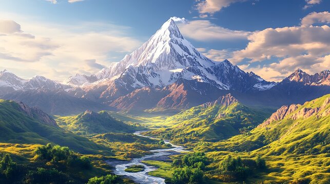 Majestic Mountain River Valley Sunrise. - Powered by Adobe