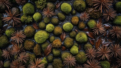 Obraz premium Top-down view of dense forest ground covered in wet moss and brown pine needles