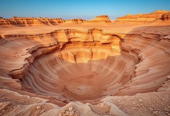 Vast, sun-baked crater in the Negev Desert, eroded rock formations, wilderness, nature